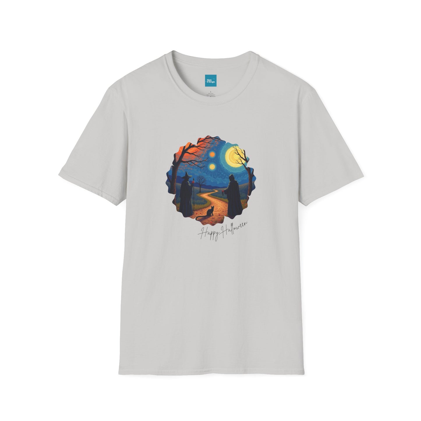 Halloween Scene Moonlit Path Unisex Softstyle T-Shirt, Nature Lover Tee, Hiking Apparel, Gift for Outdoor Enthusiasts, Cozy Everyday Wear