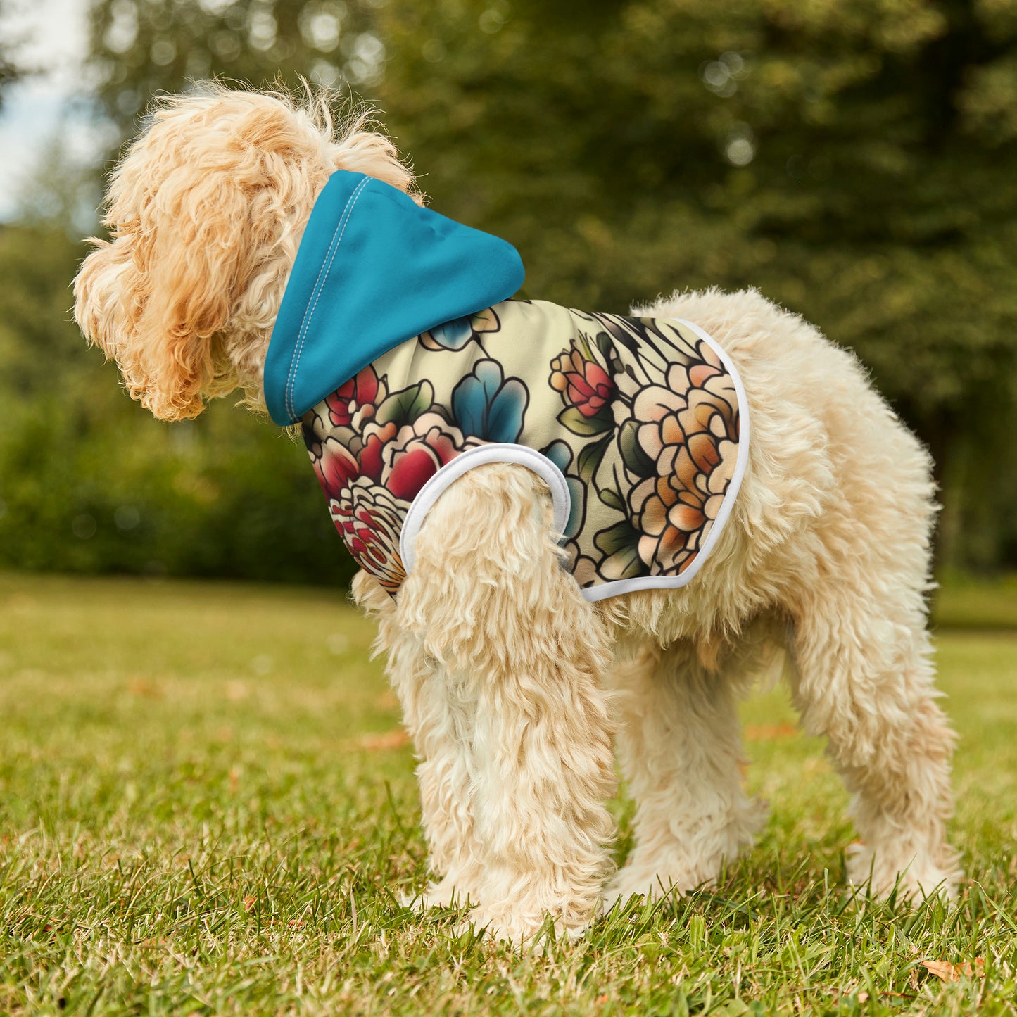 Japanese Flower Design Blue Hood Pet Hoodie