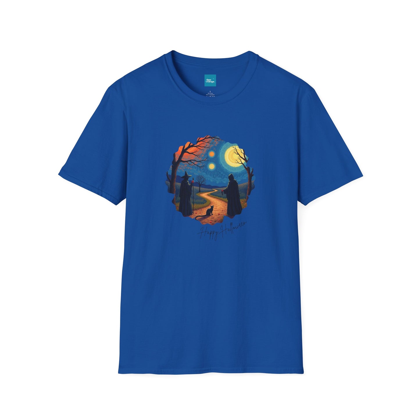 Halloween Scene Moonlit Path Unisex Softstyle T-Shirt, Nature Lover Tee, Hiking Apparel, Gift for Outdoor Enthusiasts, Cozy Everyday Wear