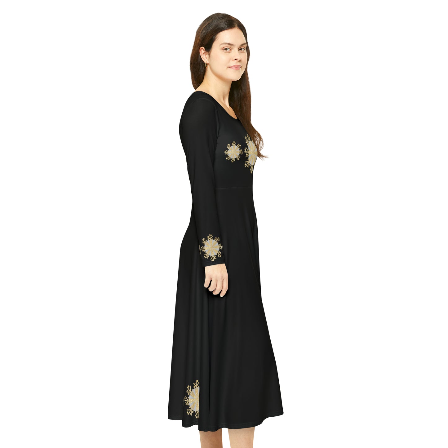 Christmas Silver Gold Snowflake on Black Women's Long Sleeve Dance Dress (AOP)