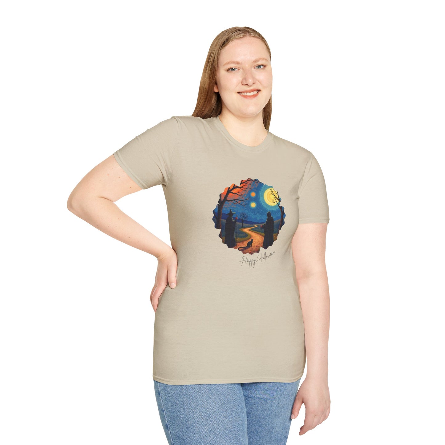 Halloween Scene Moonlit Path Unisex Softstyle T-Shirt, Nature Lover Tee, Hiking Apparel, Gift for Outdoor Enthusiasts, Cozy Everyday Wear