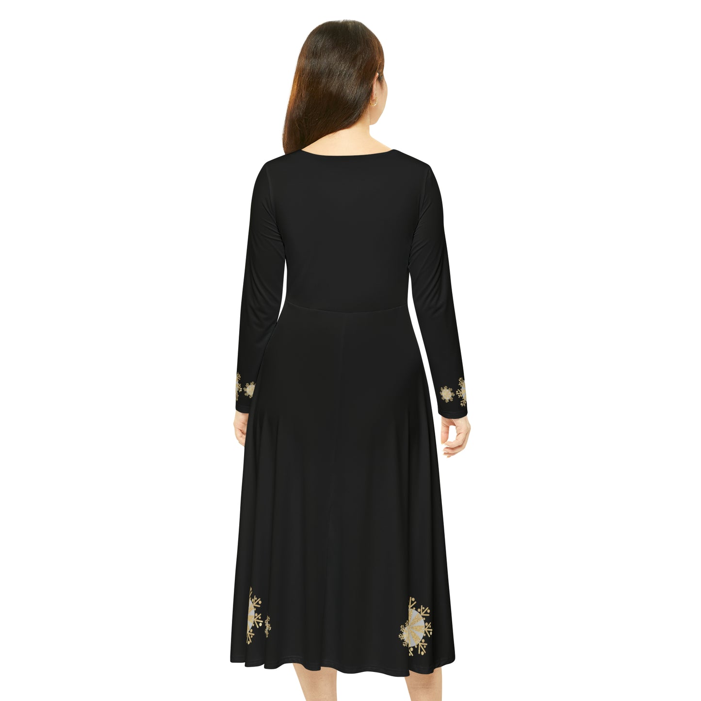 Christmas Silver Gold Snowflake on Black Women's Long Sleeve Dance Dress (AOP)