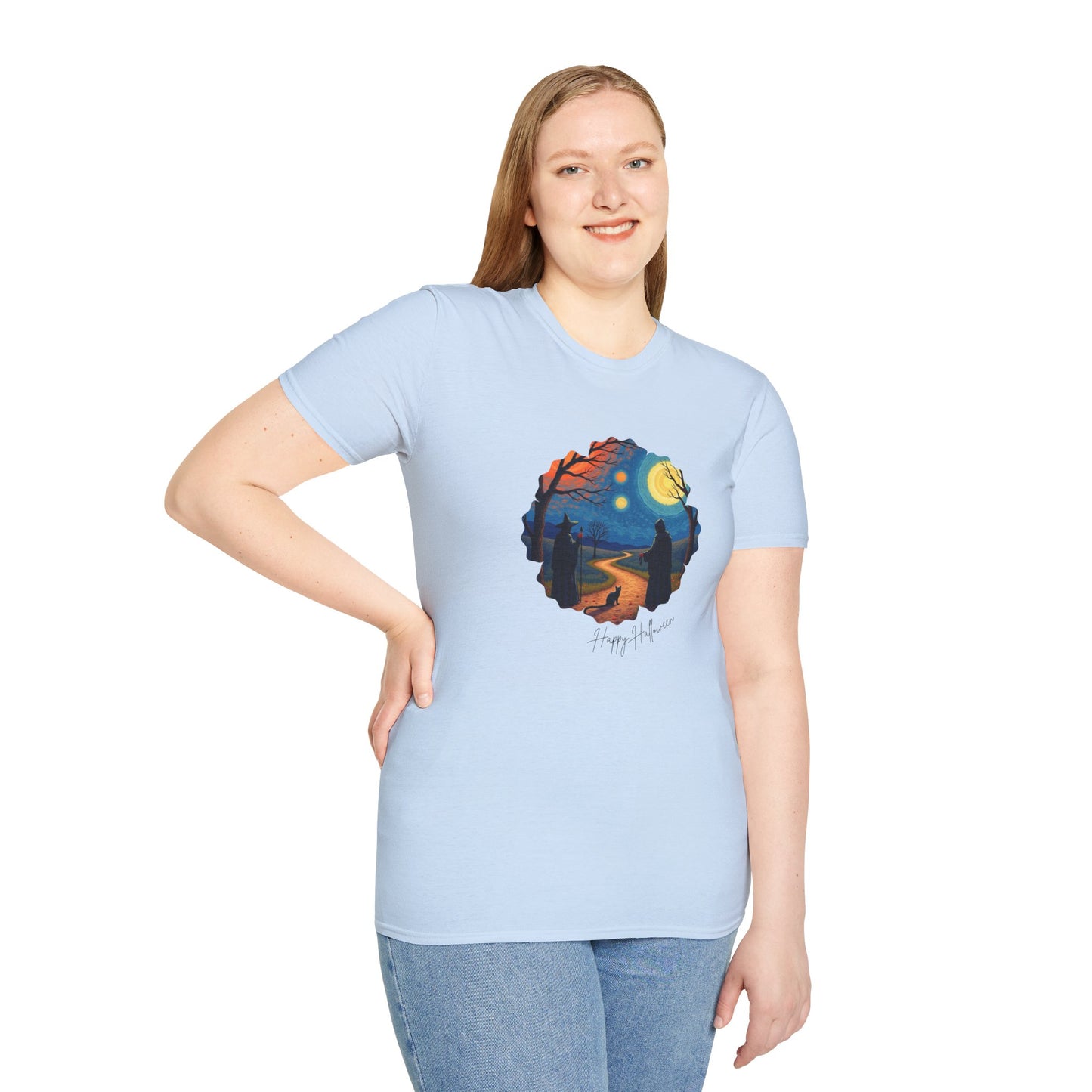 Halloween Scene Moonlit Path Unisex Softstyle T-Shirt, Nature Lover Tee, Hiking Apparel, Gift for Outdoor Enthusiasts, Cozy Everyday Wear