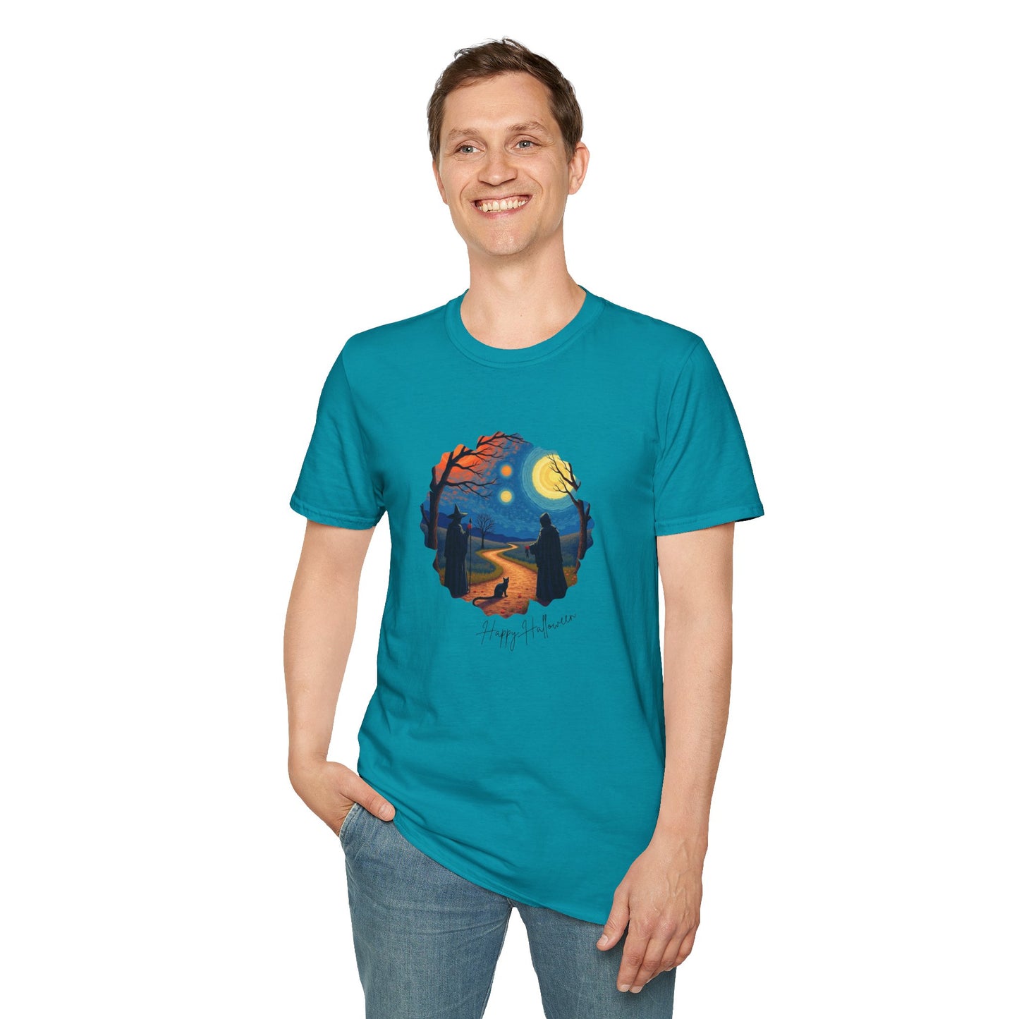 Halloween Scene Moonlit Path Unisex Softstyle T-Shirt, Nature Lover Tee, Hiking Apparel, Gift for Outdoor Enthusiasts, Cozy Everyday Wear