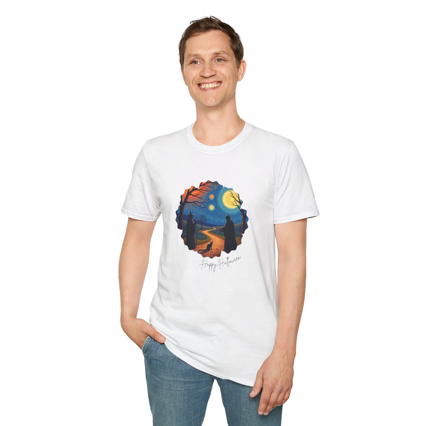 Halloween Scene Moonlit Path Unisex Softstyle T-Shirt, Nature Lover Tee, Hiking Apparel, Gift for Outdoor Enthusiasts, Cozy Everyday Wear