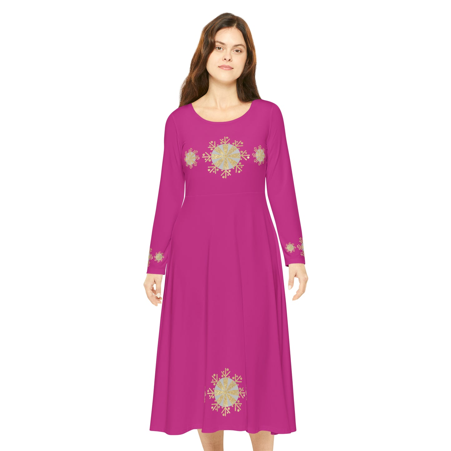 Christmas Silver Gold Snowflake on Pink Women's Long Sleeve Dance Dress (AOP)