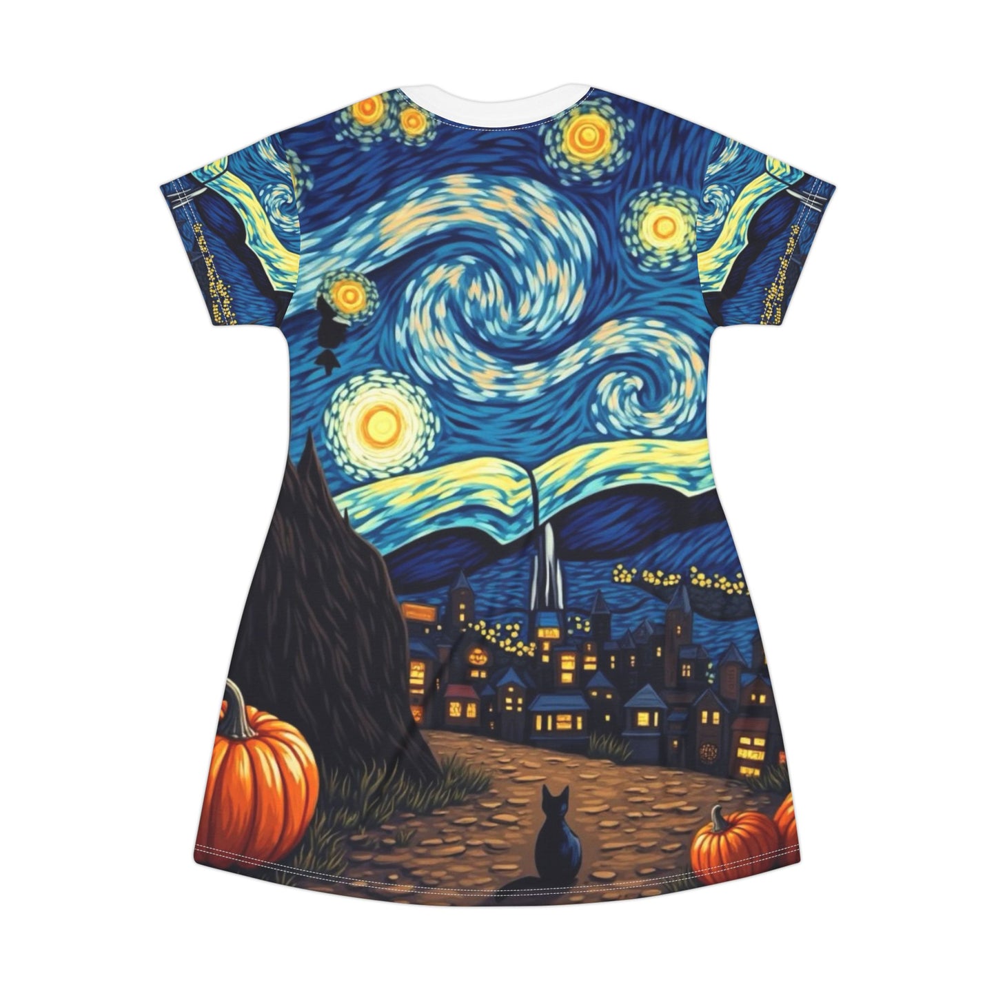 Starry Night Pumpkin T-Shirt Dress, Cozy Fall Outfit, Halloween Casual Dress, Art-Inspired Fashion, Unique Gift for Any Occasion