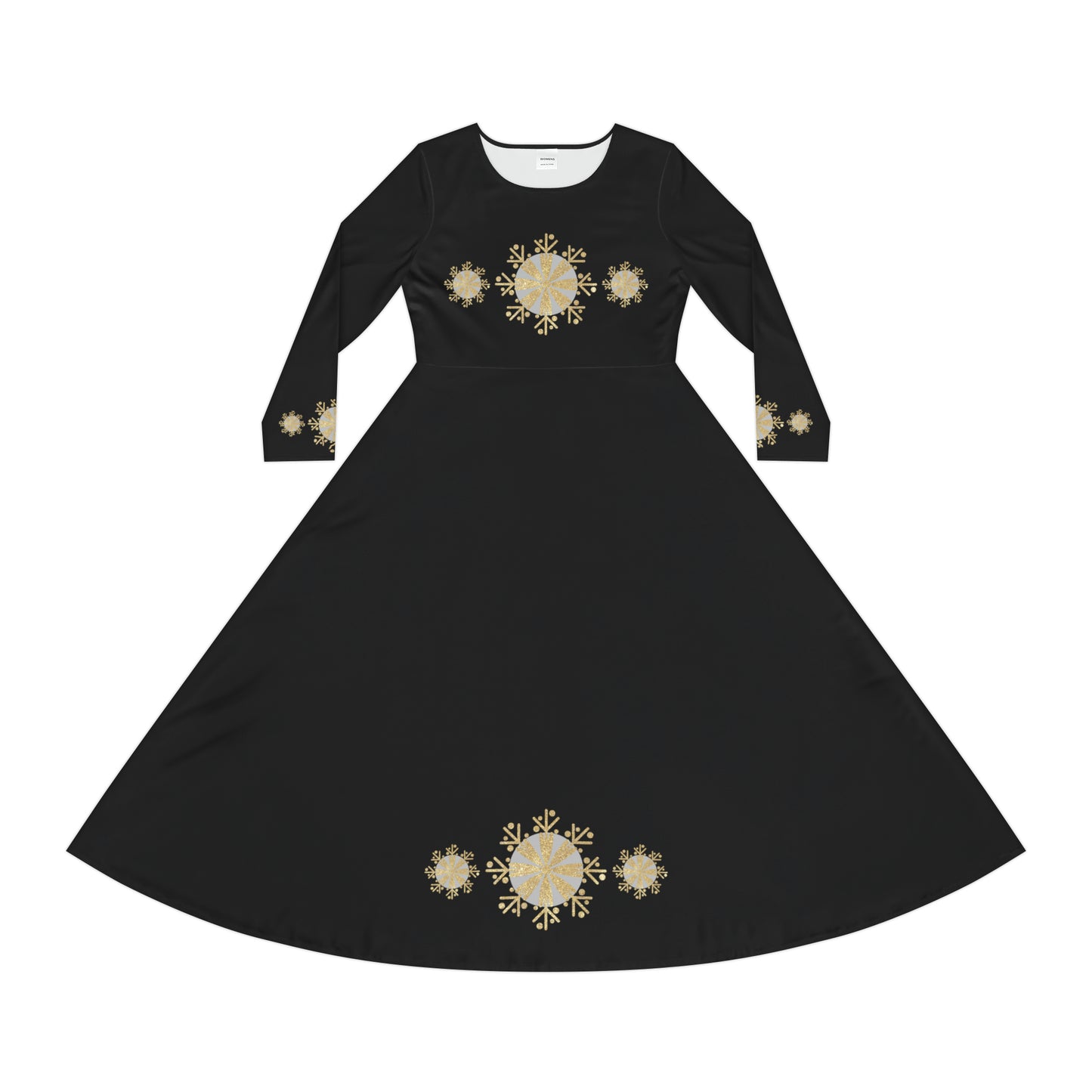 Christmas Silver Gold Snowflake on Black Women's Long Sleeve Dance Dress (AOP)