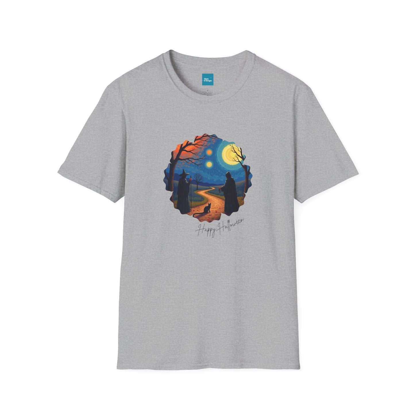 Halloween Scene Moonlit Path Unisex Softstyle T-Shirt, Nature Lover Tee, Hiking Apparel, Gift for Outdoor Enthusiasts, Cozy Everyday Wear