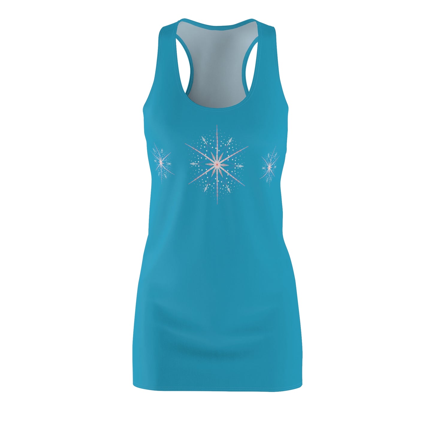 Women's Snowflake Trio Sparkle Design on Turquoise Cut & Sew Racerback Dress (AOP)