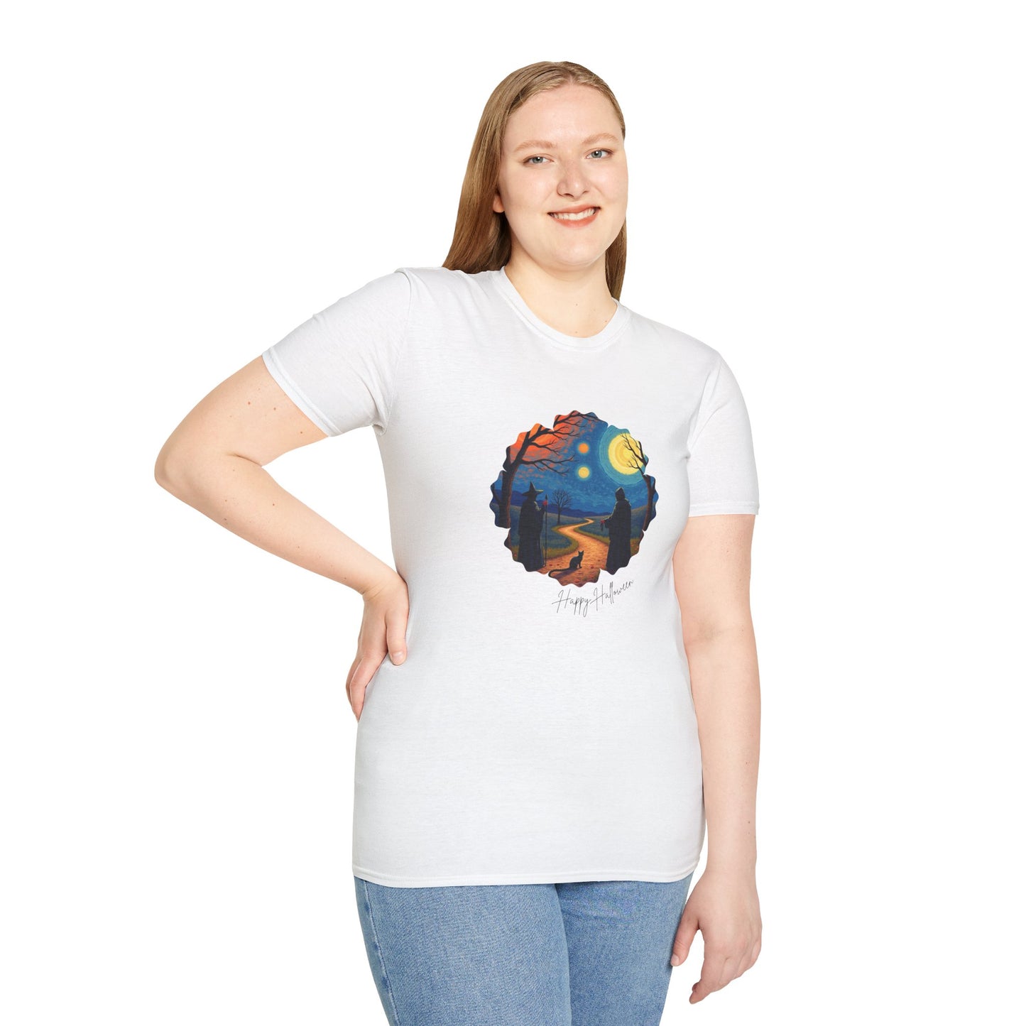 Halloween Scene Moonlit Path Unisex Softstyle T-Shirt, Nature Lover Tee, Hiking Apparel, Gift for Outdoor Enthusiasts, Cozy Everyday Wear