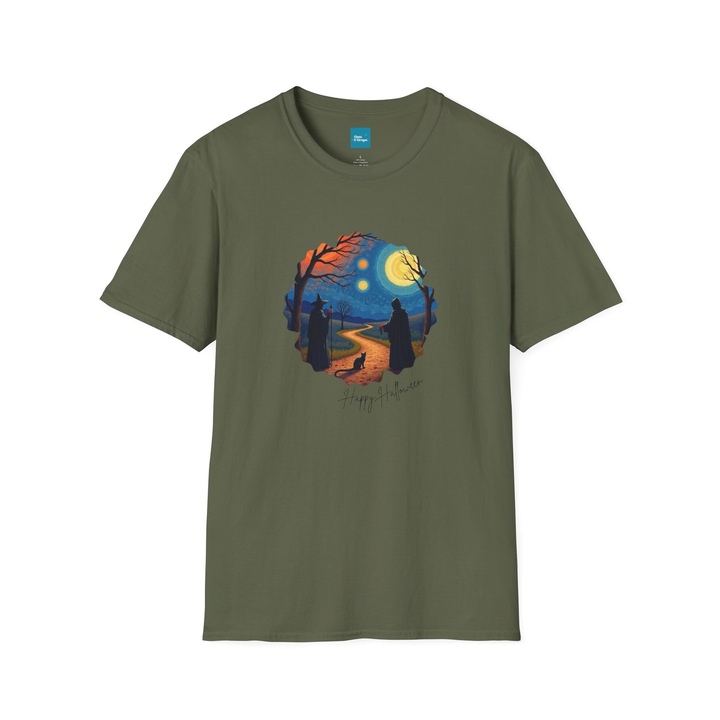 Halloween Scene Moonlit Path Unisex Softstyle T-Shirt, Nature Lover Tee, Hiking Apparel, Gift for Outdoor Enthusiasts, Cozy Everyday Wear