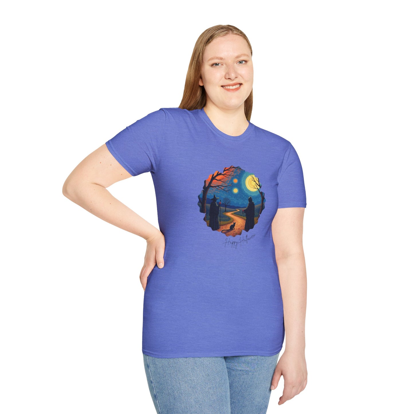 Halloween Scene Moonlit Path Unisex Softstyle T-Shirt, Nature Lover Tee, Hiking Apparel, Gift for Outdoor Enthusiasts, Cozy Everyday Wear