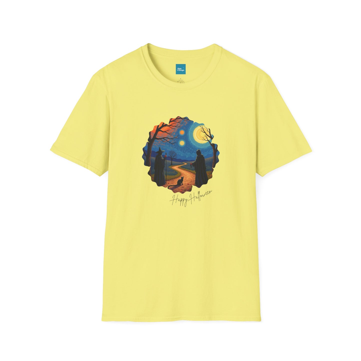Halloween Scene Moonlit Path Unisex Softstyle T-Shirt, Nature Lover Tee, Hiking Apparel, Gift for Outdoor Enthusiasts, Cozy Everyday Wear