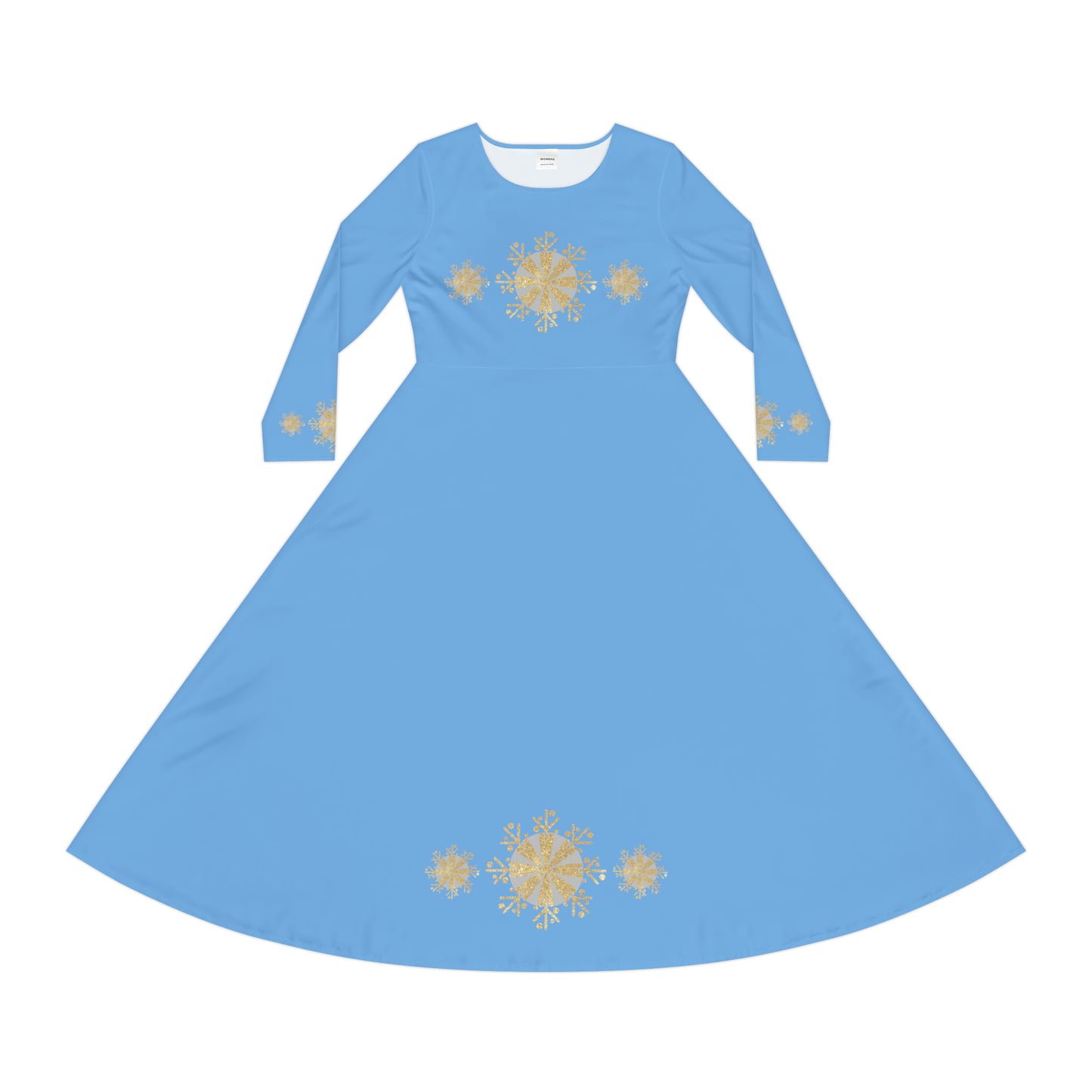 Christmas Silver Gold Snowflake on Light Blue Women's Long Sleeve Dance Dress (AOP)
