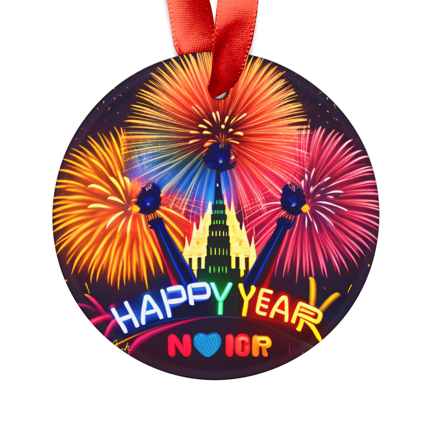Happy New Year Design 2 Acrylic Ornament with Ribbon