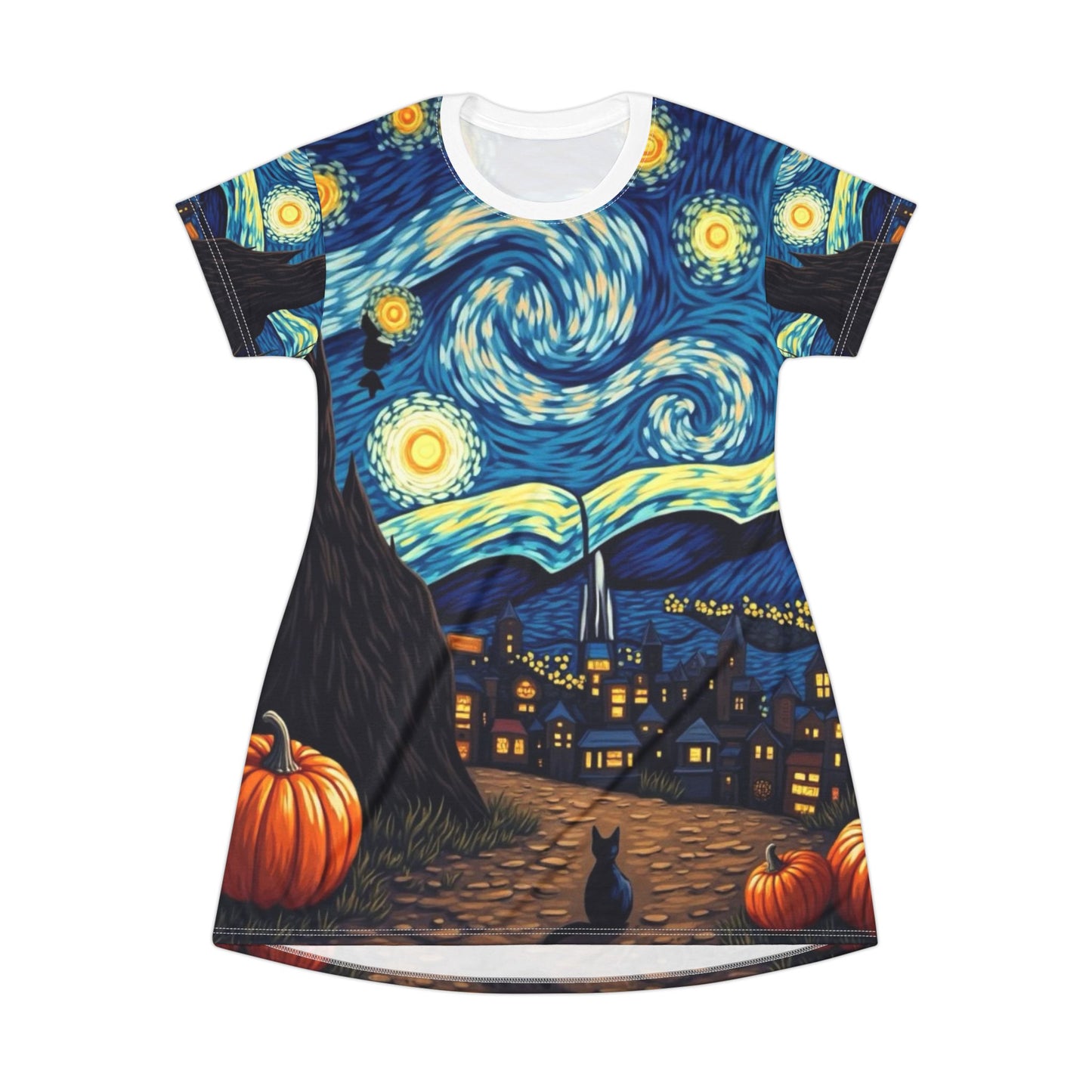 Starry Night Pumpkin T-Shirt Dress, Cozy Fall Outfit, Halloween Casual Dress, Art-Inspired Fashion, Unique Gift for Any Occasion