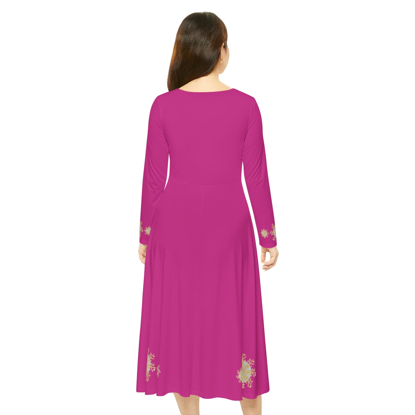 Christmas Silver Gold Snowflake on Pink Women's Long Sleeve Dance Dress (AOP)
