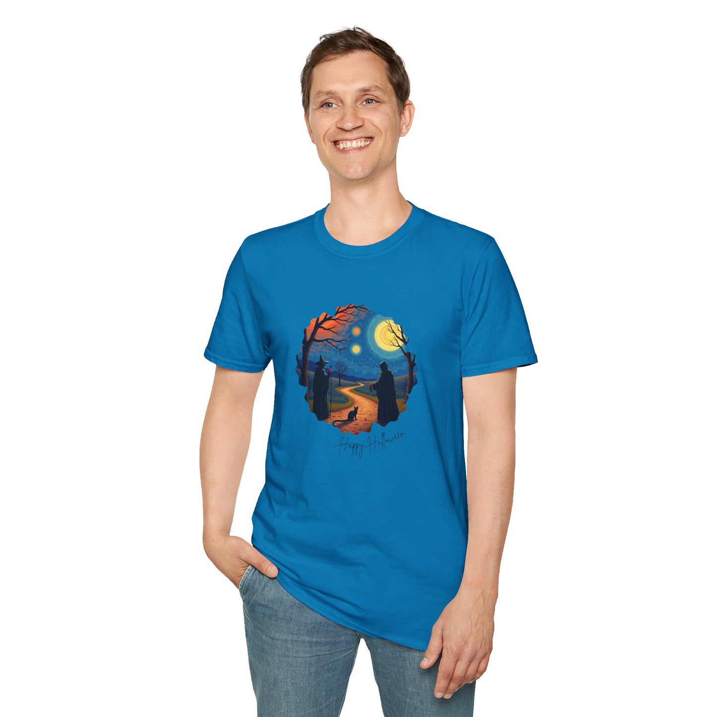 Halloween Scene Moonlit Path Unisex Softstyle T-Shirt, Nature Lover Tee, Hiking Apparel, Gift for Outdoor Enthusiasts, Cozy Everyday Wear