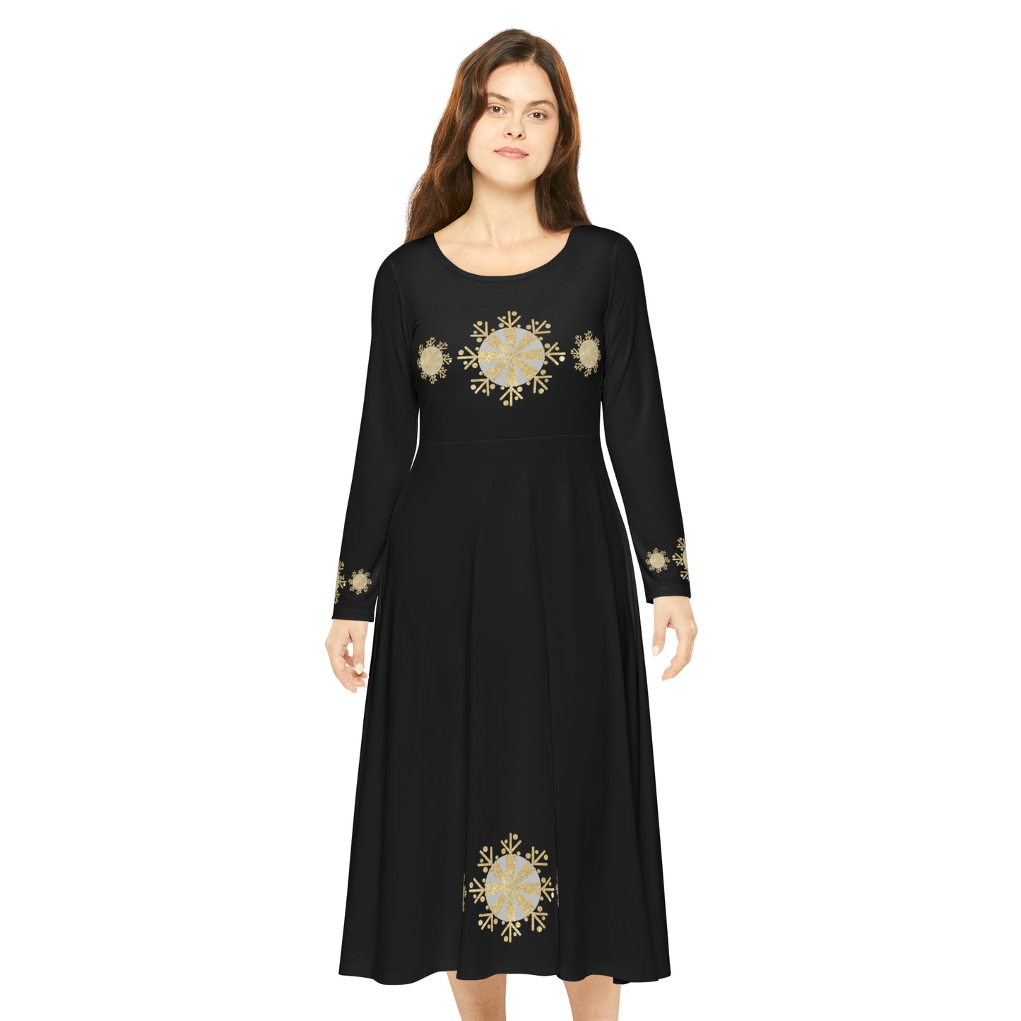 Christmas Silver Gold Snowflake on Black Women's Long Sleeve Dance Dress (AOP)
