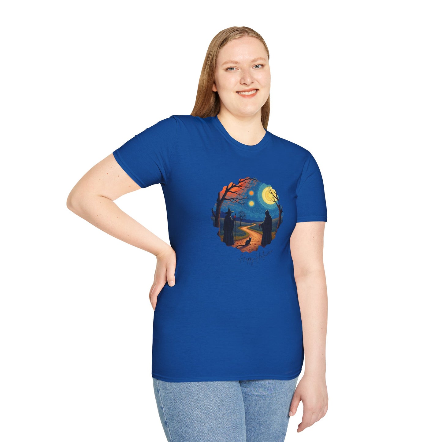 Halloween Scene Moonlit Path Unisex Softstyle T-Shirt, Nature Lover Tee, Hiking Apparel, Gift for Outdoor Enthusiasts, Cozy Everyday Wear