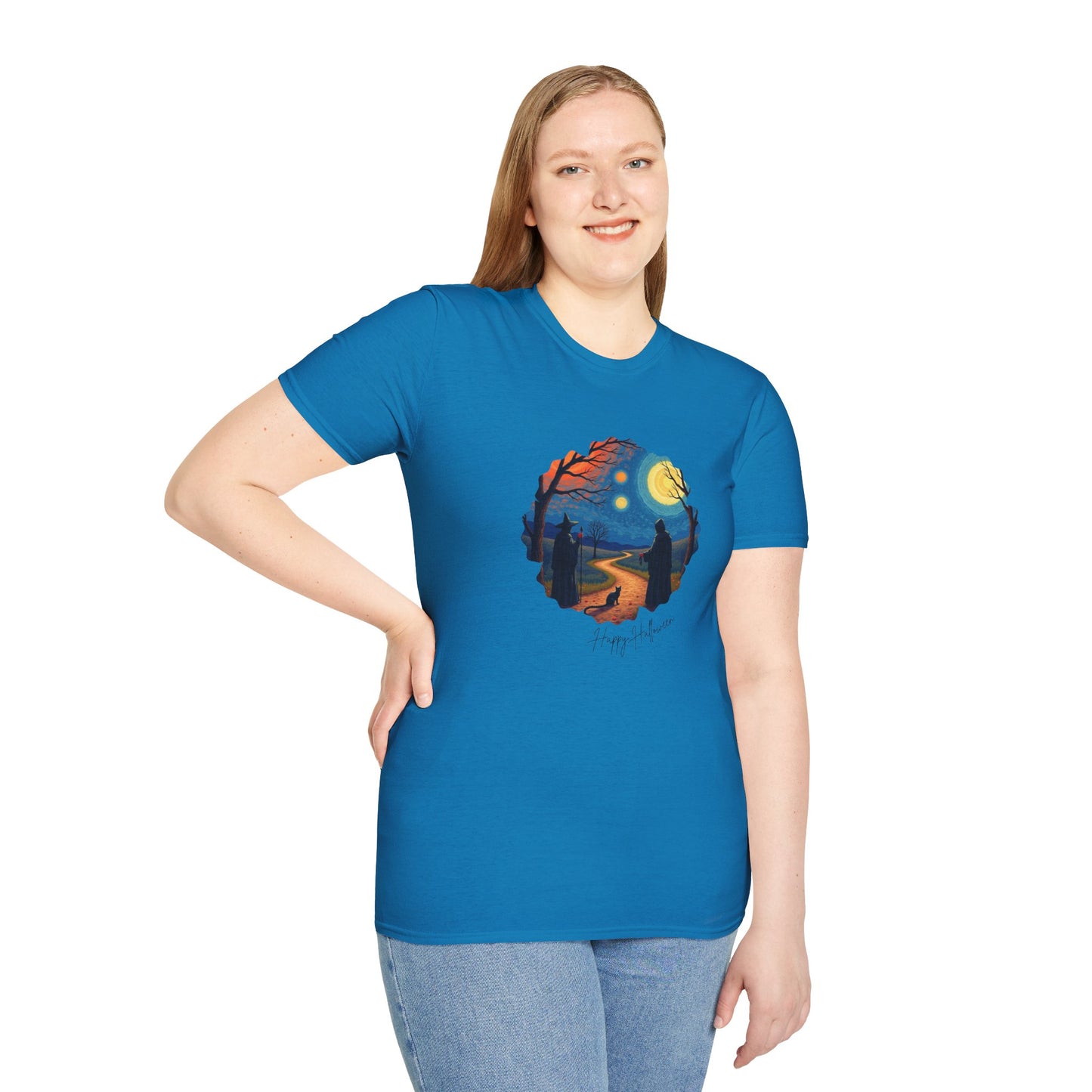 Halloween Scene Moonlit Path Unisex Softstyle T-Shirt, Nature Lover Tee, Hiking Apparel, Gift for Outdoor Enthusiasts, Cozy Everyday Wear