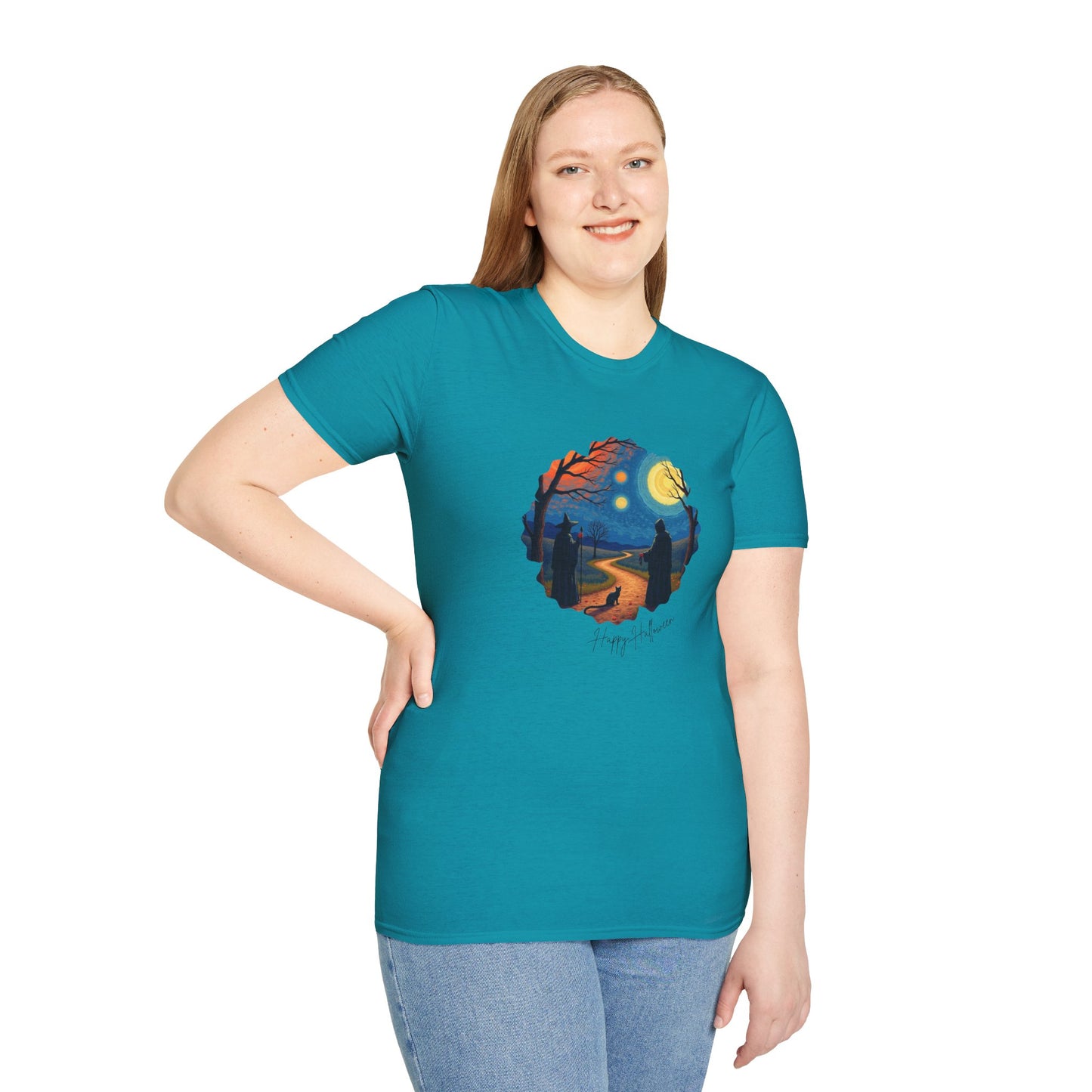 Halloween Scene Moonlit Path Unisex Softstyle T-Shirt, Nature Lover Tee, Hiking Apparel, Gift for Outdoor Enthusiasts, Cozy Everyday Wear