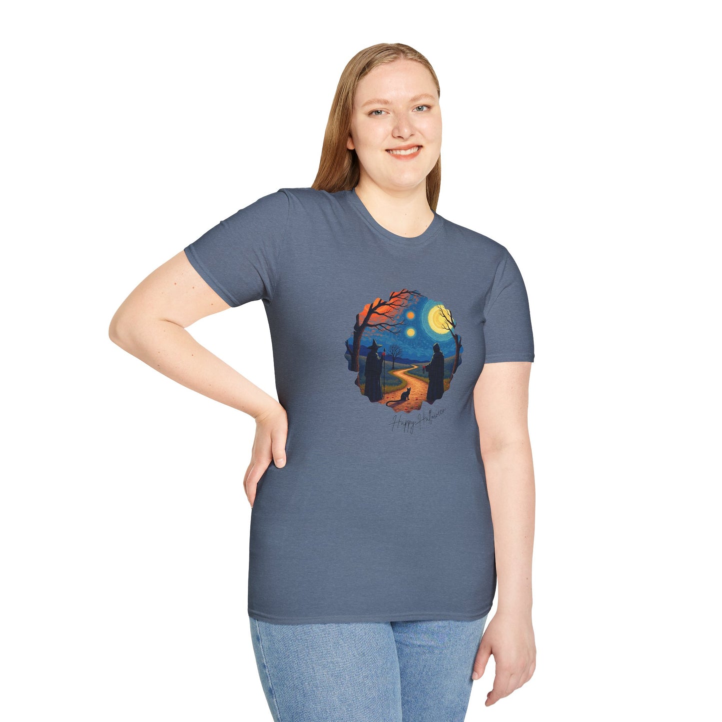 Halloween Scene Moonlit Path Unisex Softstyle T-Shirt, Nature Lover Tee, Hiking Apparel, Gift for Outdoor Enthusiasts, Cozy Everyday Wear