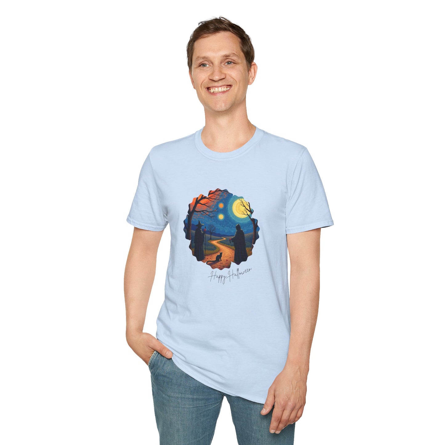 Halloween Scene Moonlit Path Unisex Softstyle T-Shirt, Nature Lover Tee, Hiking Apparel, Gift for Outdoor Enthusiasts, Cozy Everyday Wear