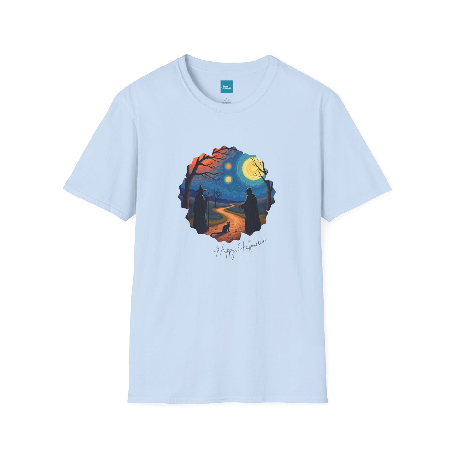Halloween Scene Moonlit Path Unisex Softstyle T-Shirt, Nature Lover Tee, Hiking Apparel, Gift for Outdoor Enthusiasts, Cozy Everyday Wear