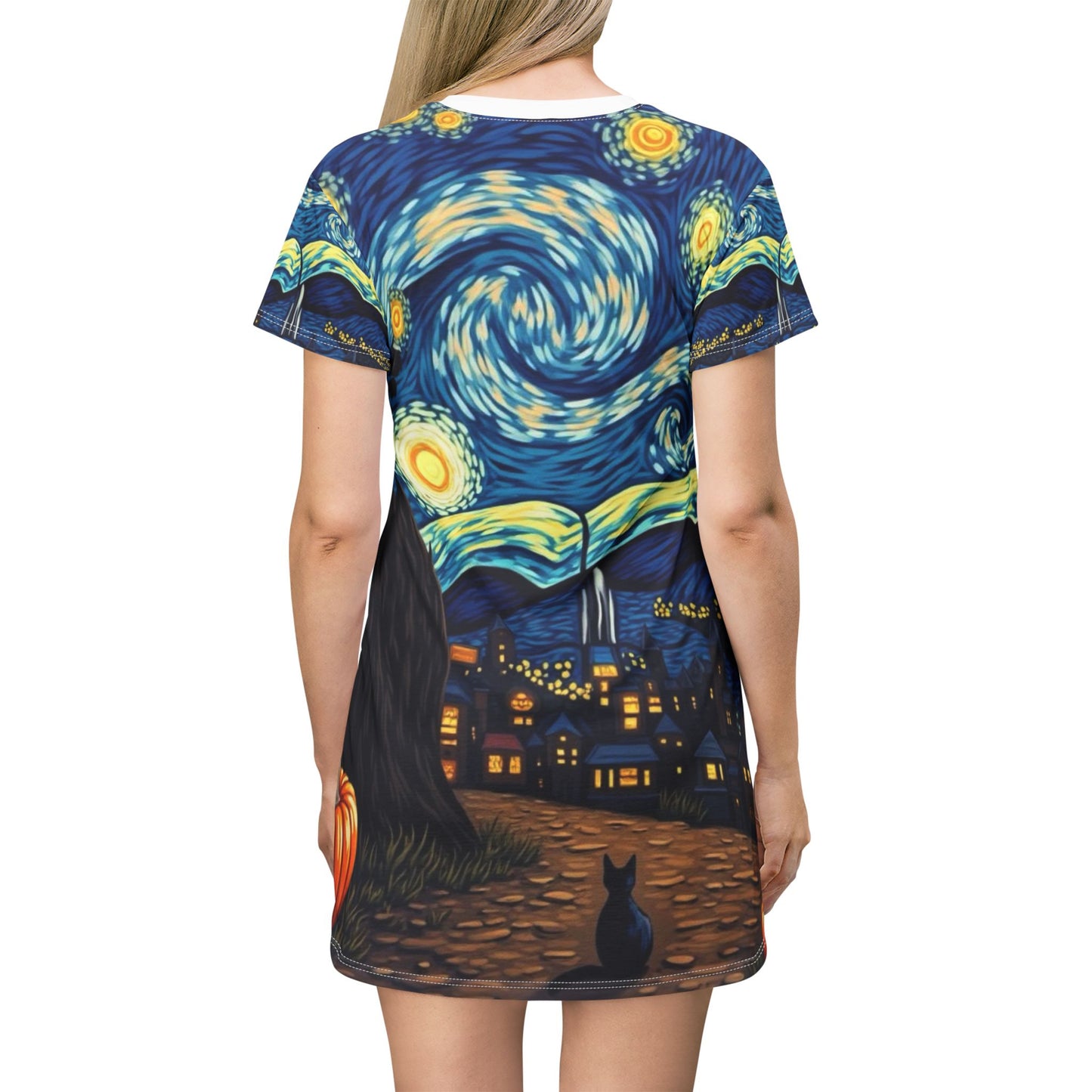 Starry Night Pumpkin T-Shirt Dress, Cozy Fall Outfit, Halloween Casual Dress, Art-Inspired Fashion, Unique Gift for Any Occasion