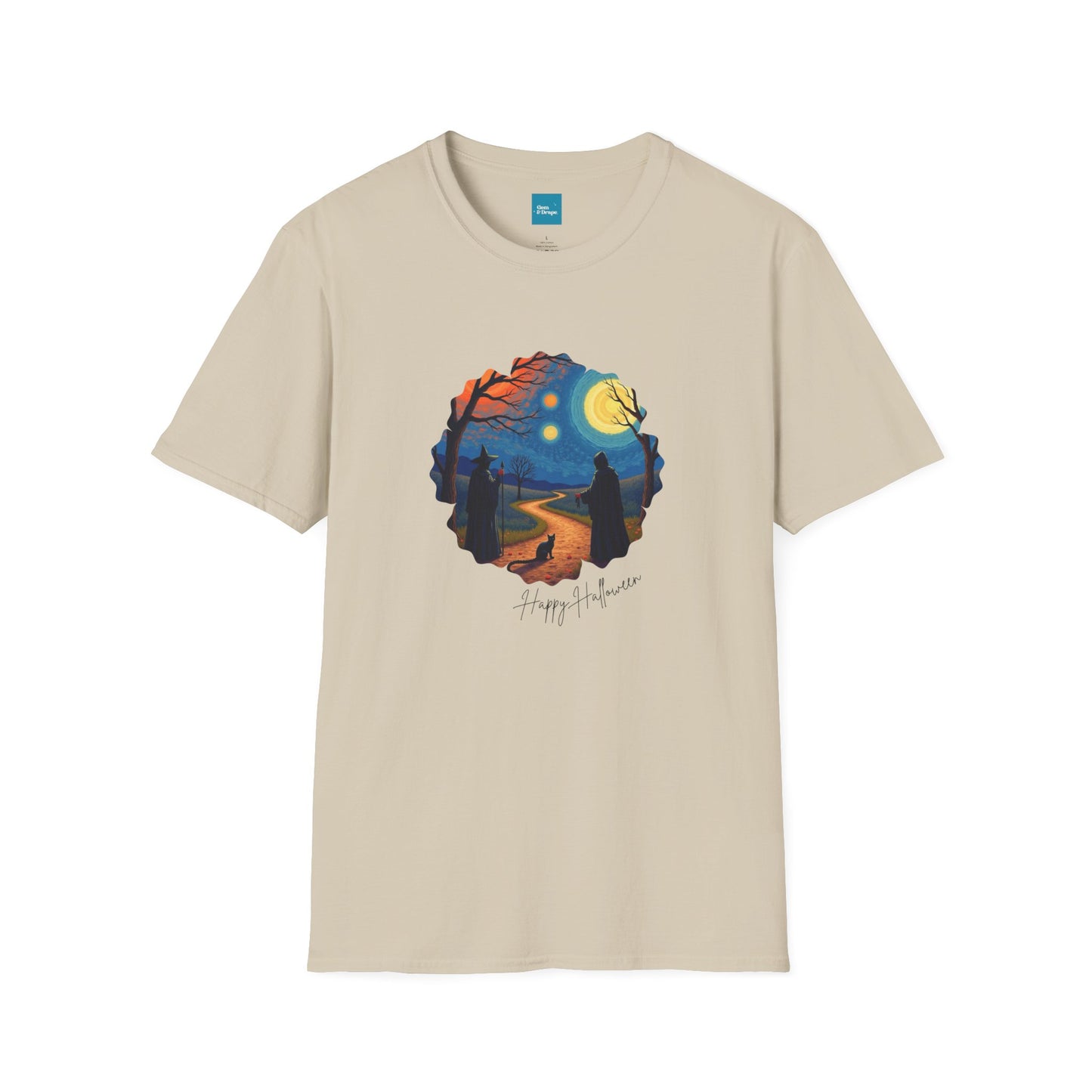 Halloween Scene Moonlit Path Unisex Softstyle T-Shirt, Nature Lover Tee, Hiking Apparel, Gift for Outdoor Enthusiasts, Cozy Everyday Wear