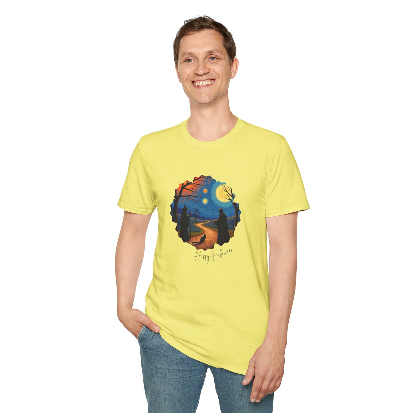 Halloween Scene Moonlit Path Unisex Softstyle T-Shirt, Nature Lover Tee, Hiking Apparel, Gift for Outdoor Enthusiasts, Cozy Everyday Wear