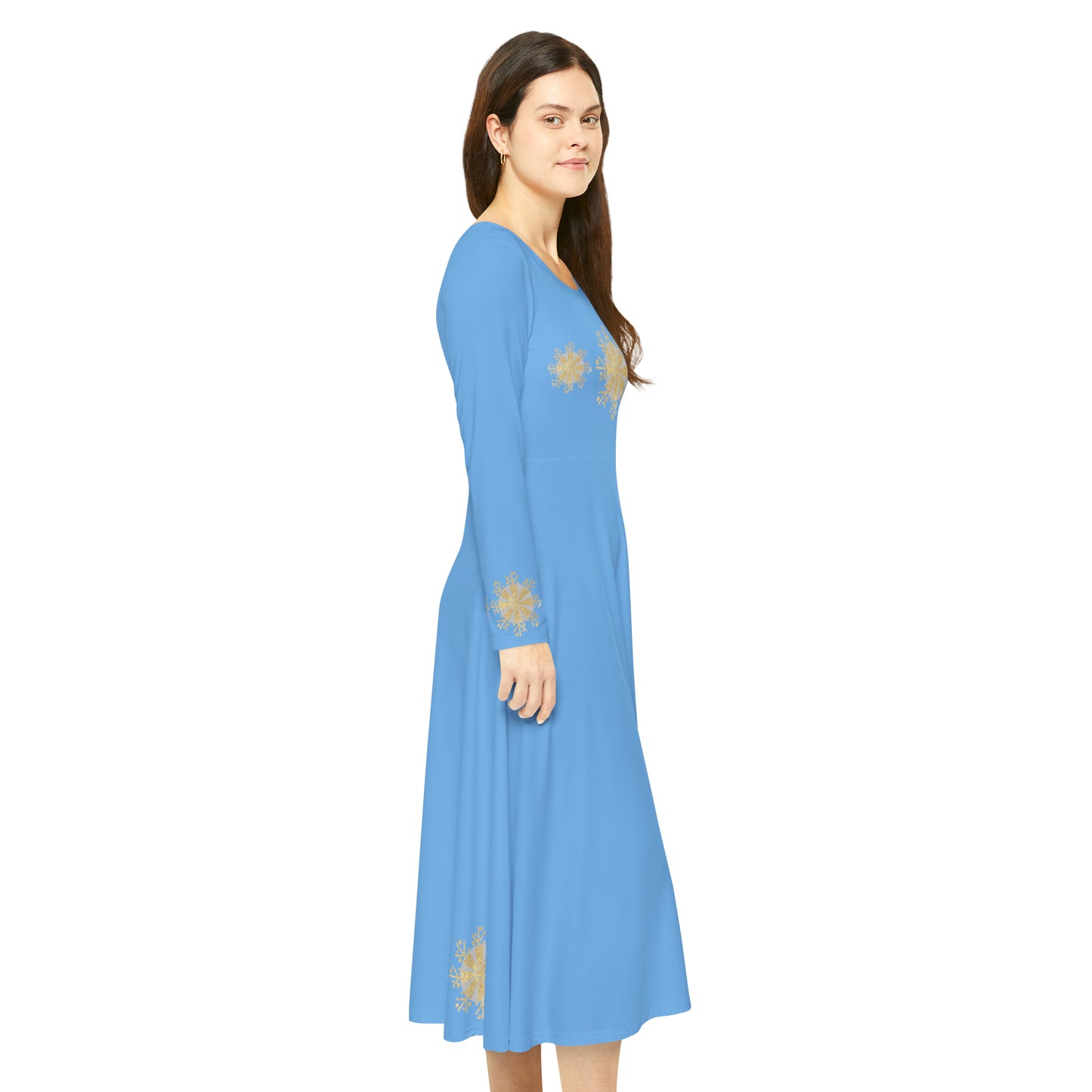 Christmas Silver Gold Snowflake on Light Blue Women's Long Sleeve Dance Dress (AOP)