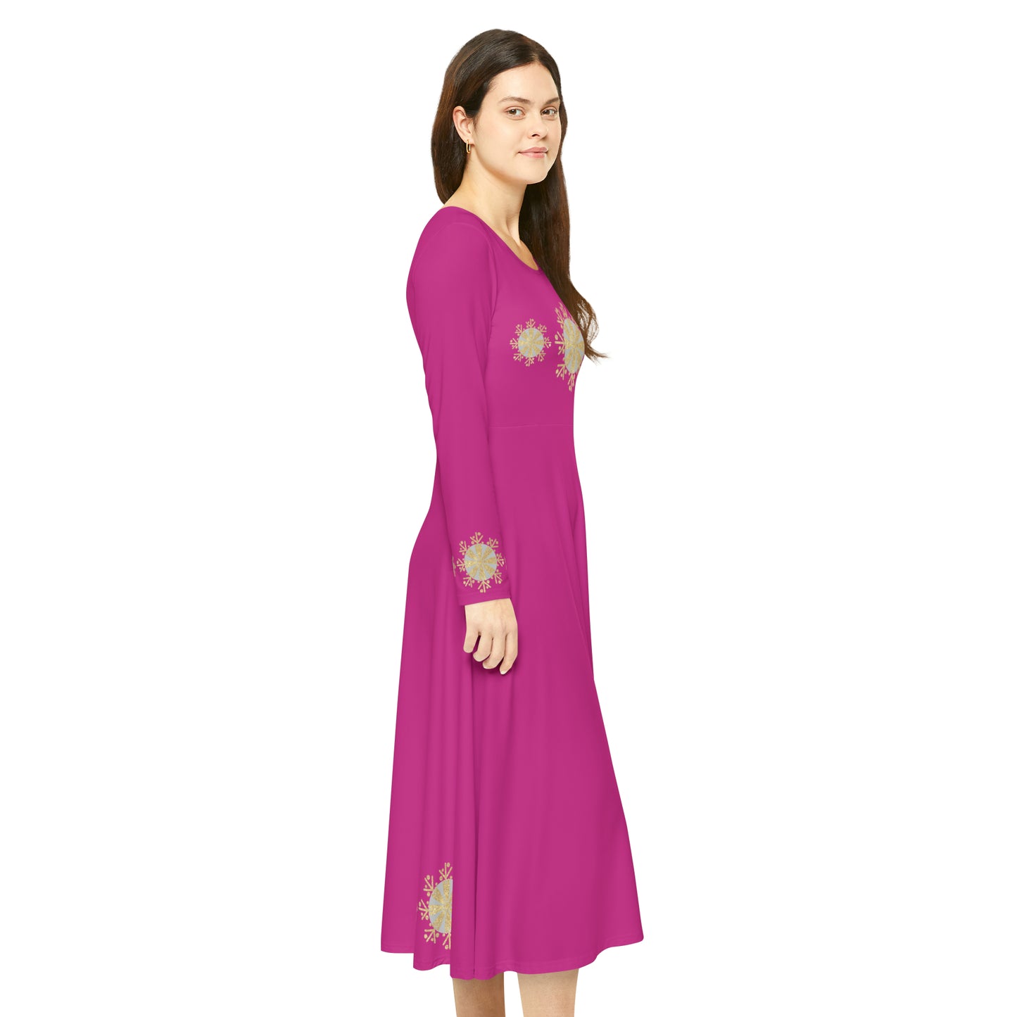 Christmas Silver Gold Snowflake on Pink Women's Long Sleeve Dance Dress (AOP)