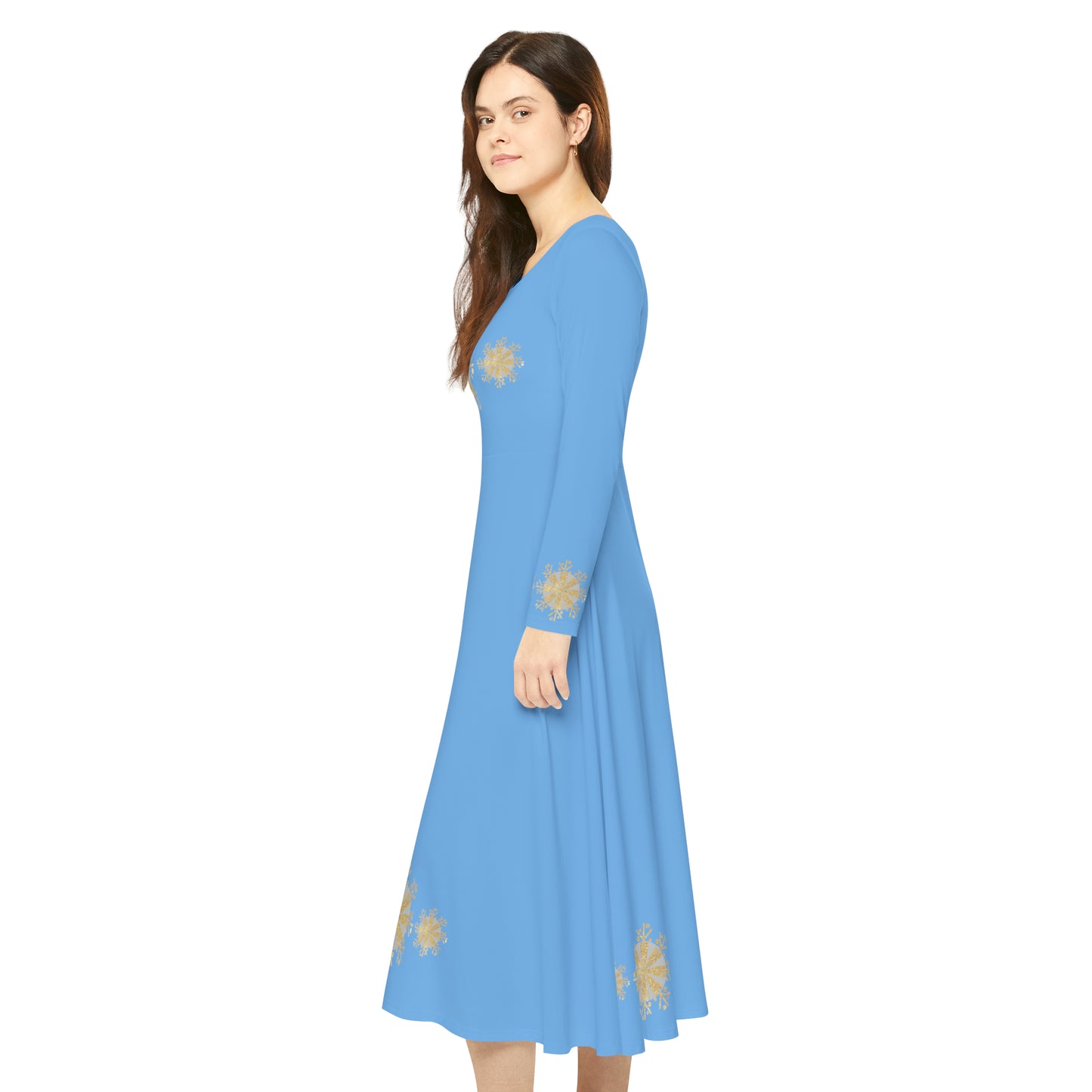 Christmas Silver Gold Snowflake on Light Blue Women's Long Sleeve Dance Dress (AOP)