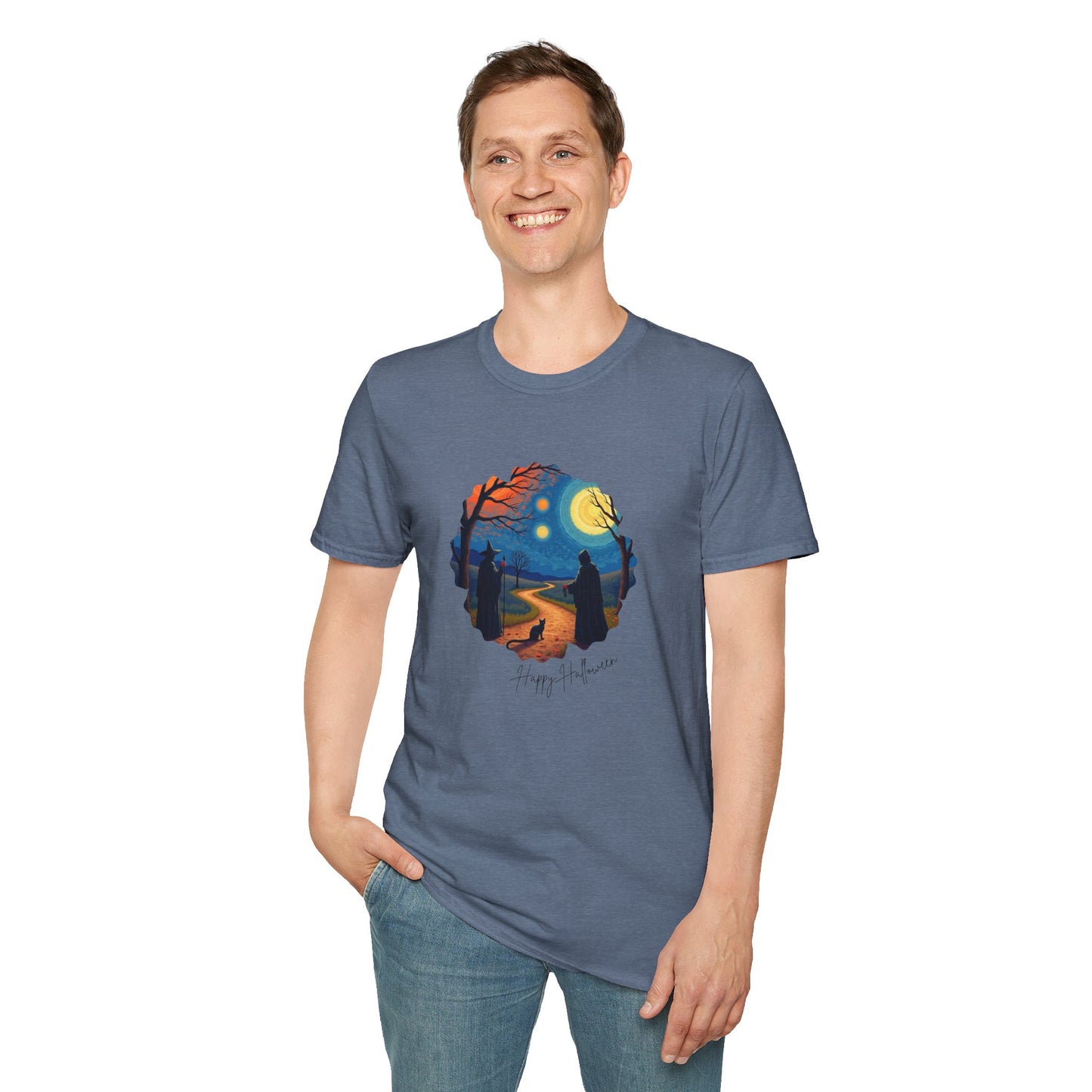 Halloween Scene Moonlit Path Unisex Softstyle T-Shirt, Nature Lover Tee, Hiking Apparel, Gift for Outdoor Enthusiasts, Cozy Everyday Wear