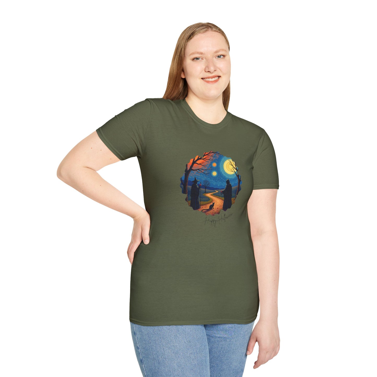 Halloween Scene Moonlit Path Unisex Softstyle T-Shirt, Nature Lover Tee, Hiking Apparel, Gift for Outdoor Enthusiasts, Cozy Everyday Wear