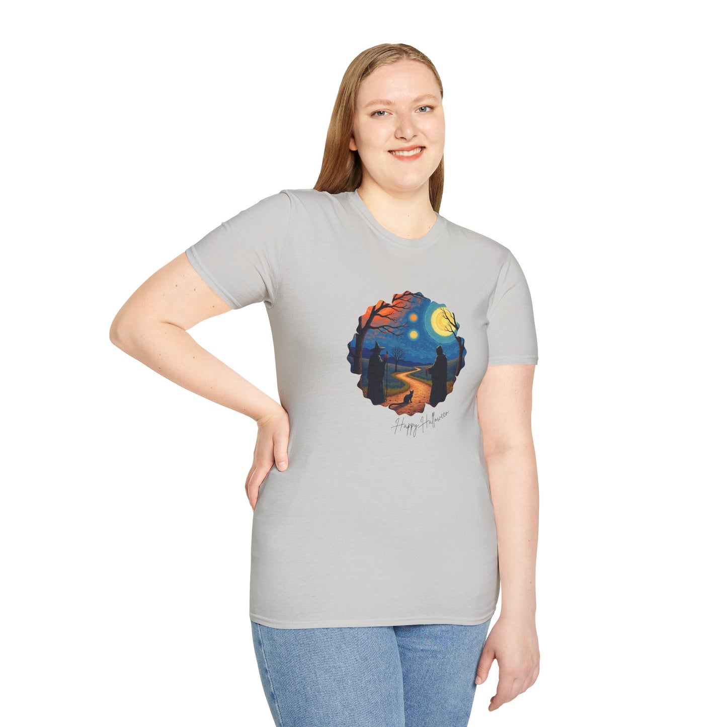 Halloween Scene Moonlit Path Unisex Softstyle T-Shirt, Nature Lover Tee, Hiking Apparel, Gift for Outdoor Enthusiasts, Cozy Everyday Wear