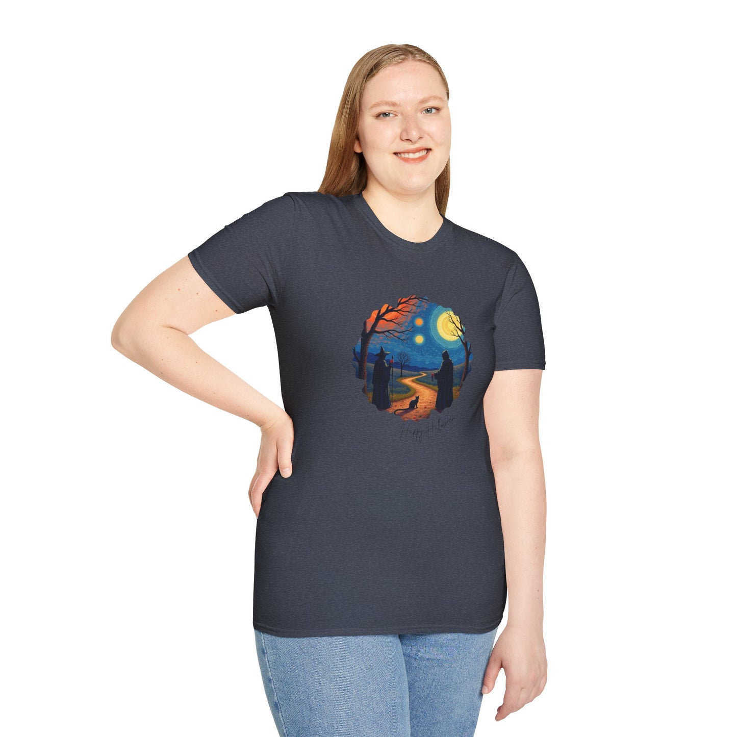 Halloween Scene Moonlit Path Unisex Softstyle T-Shirt, Nature Lover Tee, Hiking Apparel, Gift for Outdoor Enthusiasts, Cozy Everyday Wear