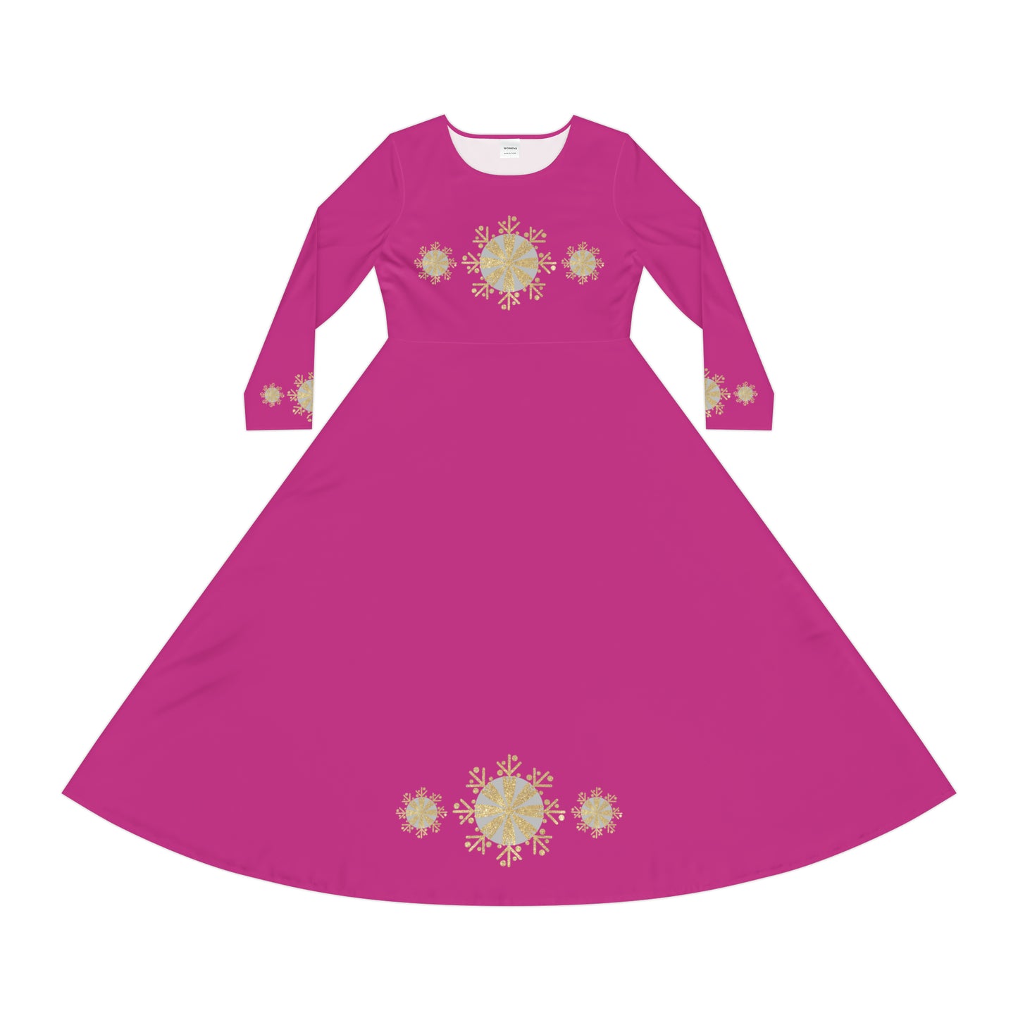 Christmas Silver Gold Snowflake on Pink Women's Long Sleeve Dance Dress (AOP)