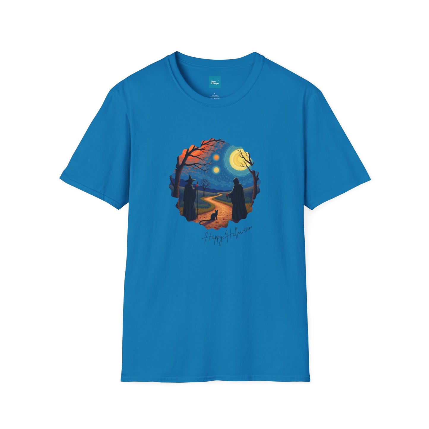 Halloween Scene Moonlit Path Unisex Softstyle T-Shirt, Nature Lover Tee, Hiking Apparel, Gift for Outdoor Enthusiasts, Cozy Everyday Wear