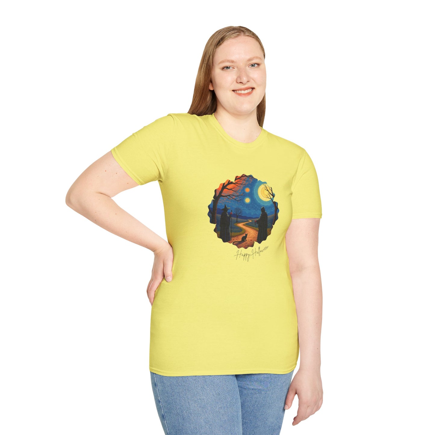 Halloween Scene Moonlit Path Unisex Softstyle T-Shirt, Nature Lover Tee, Hiking Apparel, Gift for Outdoor Enthusiasts, Cozy Everyday Wear