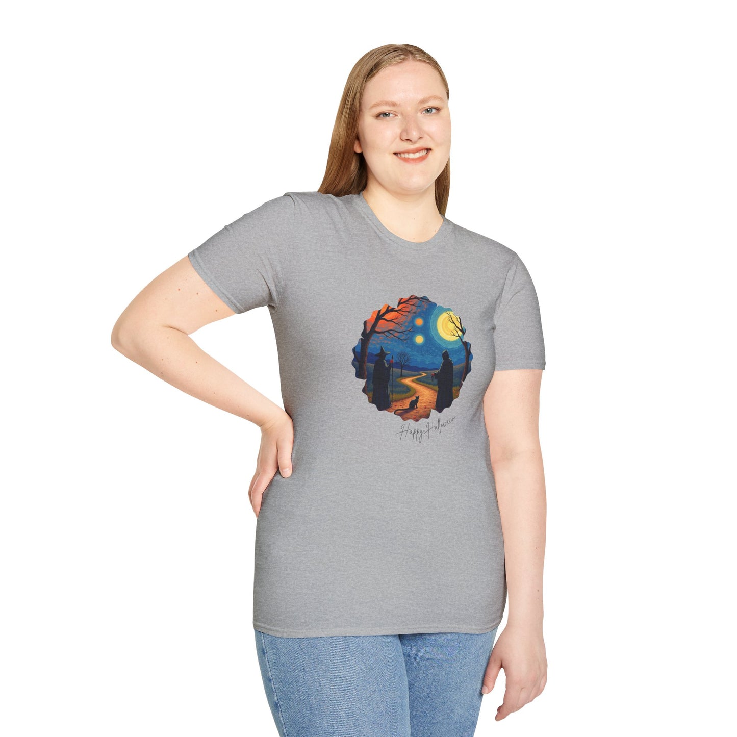 Halloween Scene Moonlit Path Unisex Softstyle T-Shirt, Nature Lover Tee, Hiking Apparel, Gift for Outdoor Enthusiasts, Cozy Everyday Wear
