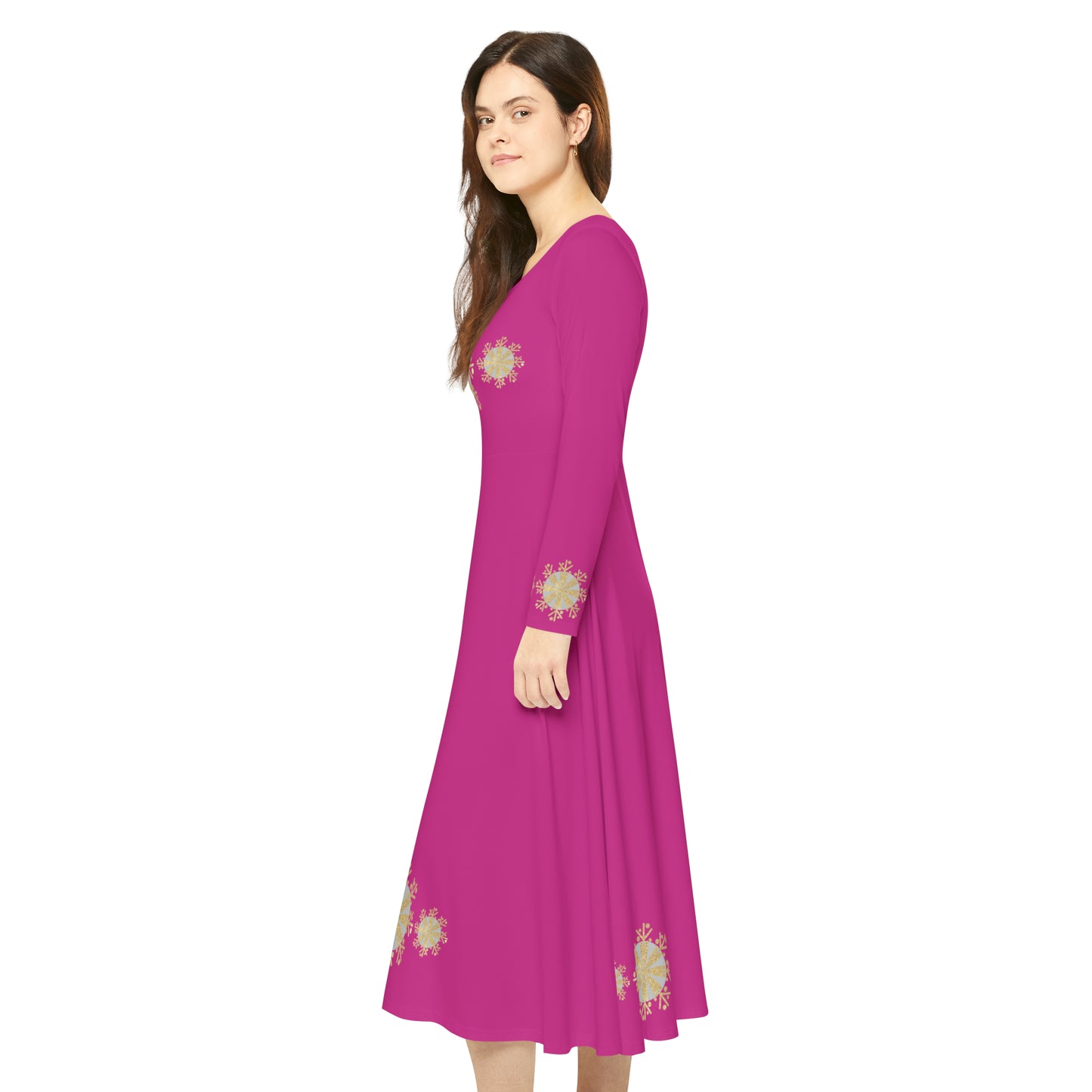 Christmas Silver Gold Snowflake on Pink Women's Long Sleeve Dance Dress (AOP)