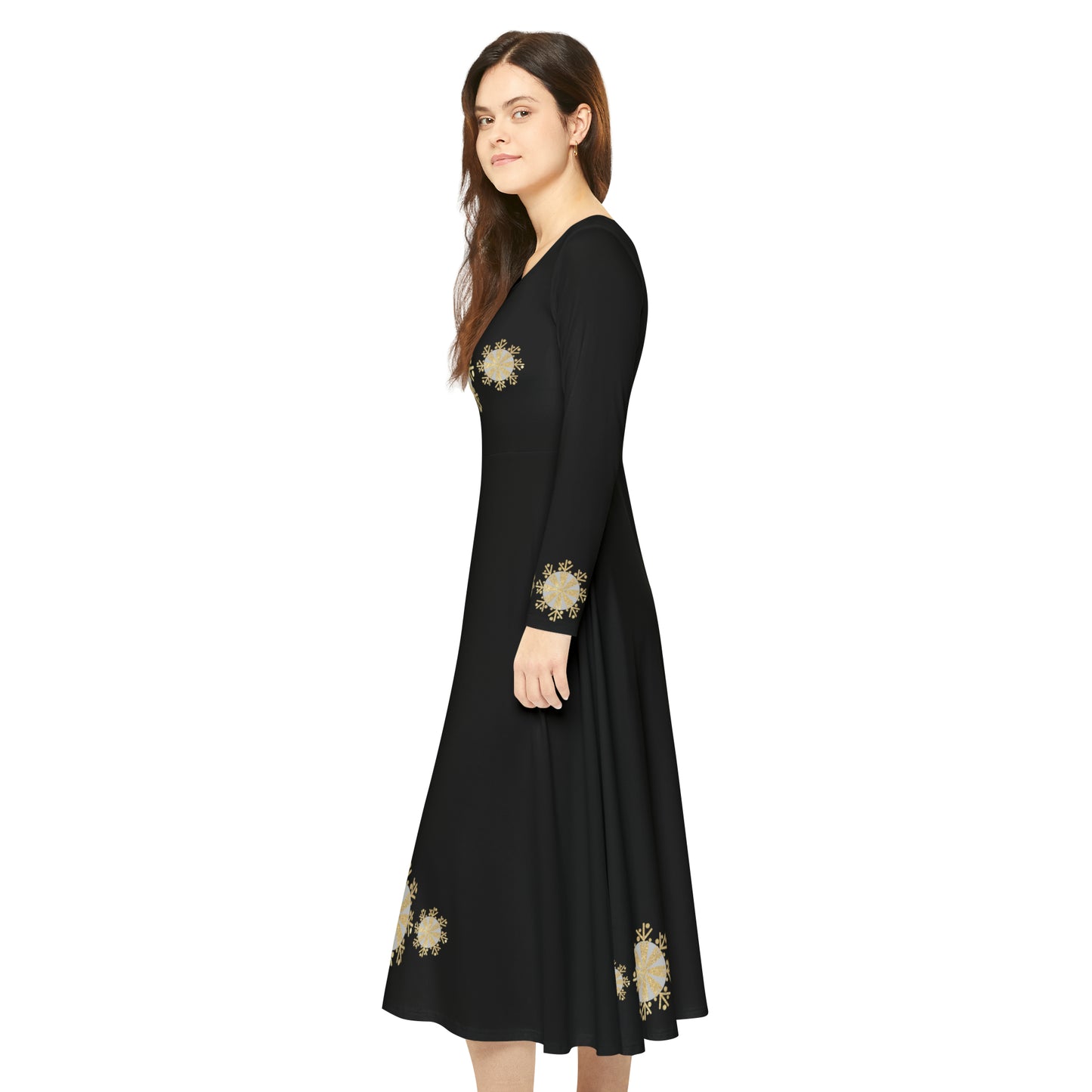 Christmas Silver Gold Snowflake on Black Women's Long Sleeve Dance Dress (AOP)