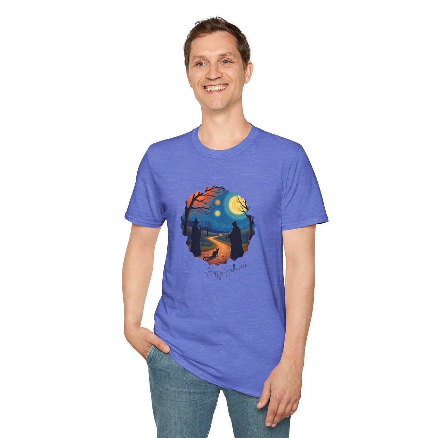 Halloween Scene Moonlit Path Unisex Softstyle T-Shirt, Nature Lover Tee, Hiking Apparel, Gift for Outdoor Enthusiasts, Cozy Everyday Wear