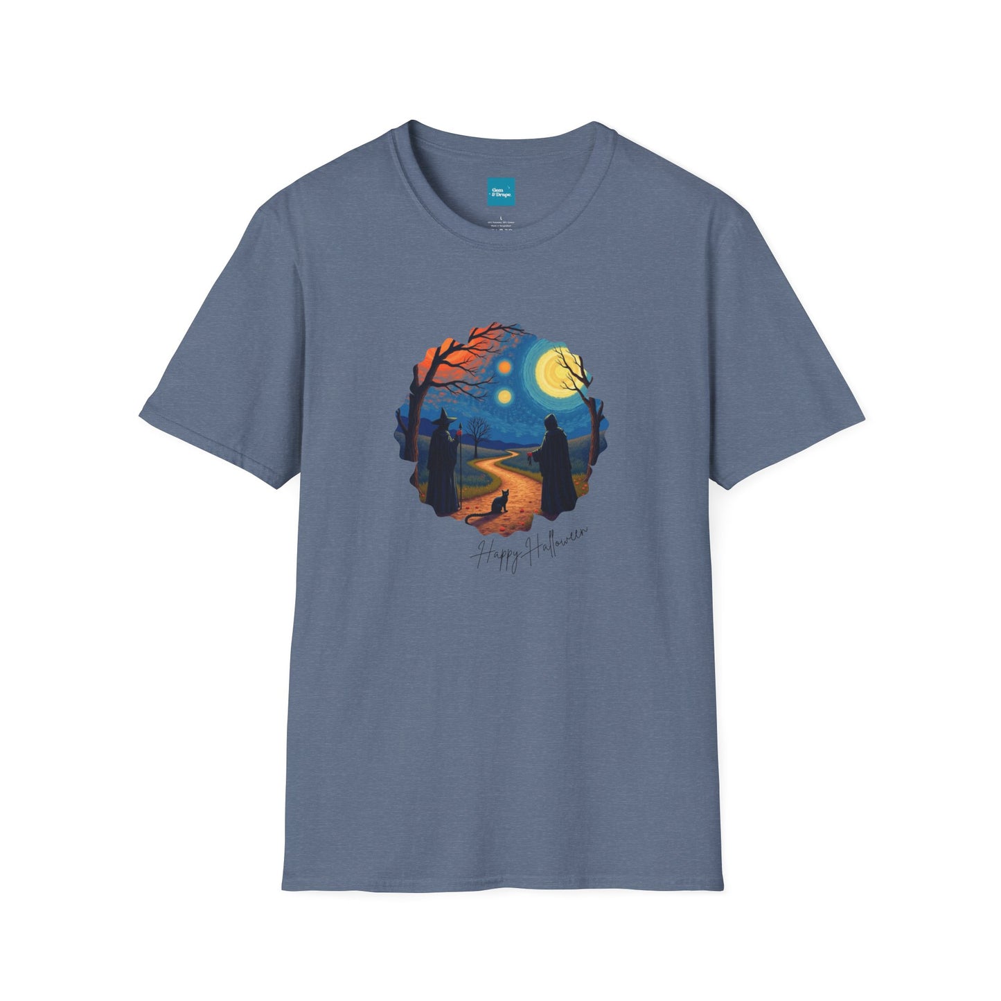 Halloween Scene Moonlit Path Unisex Softstyle T-Shirt, Nature Lover Tee, Hiking Apparel, Gift for Outdoor Enthusiasts, Cozy Everyday Wear