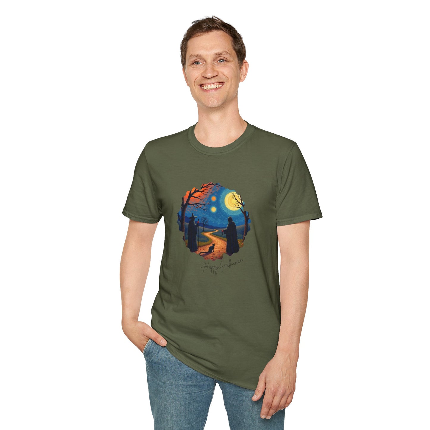 Halloween Scene Moonlit Path Unisex Softstyle T-Shirt, Nature Lover Tee, Hiking Apparel, Gift for Outdoor Enthusiasts, Cozy Everyday Wear
