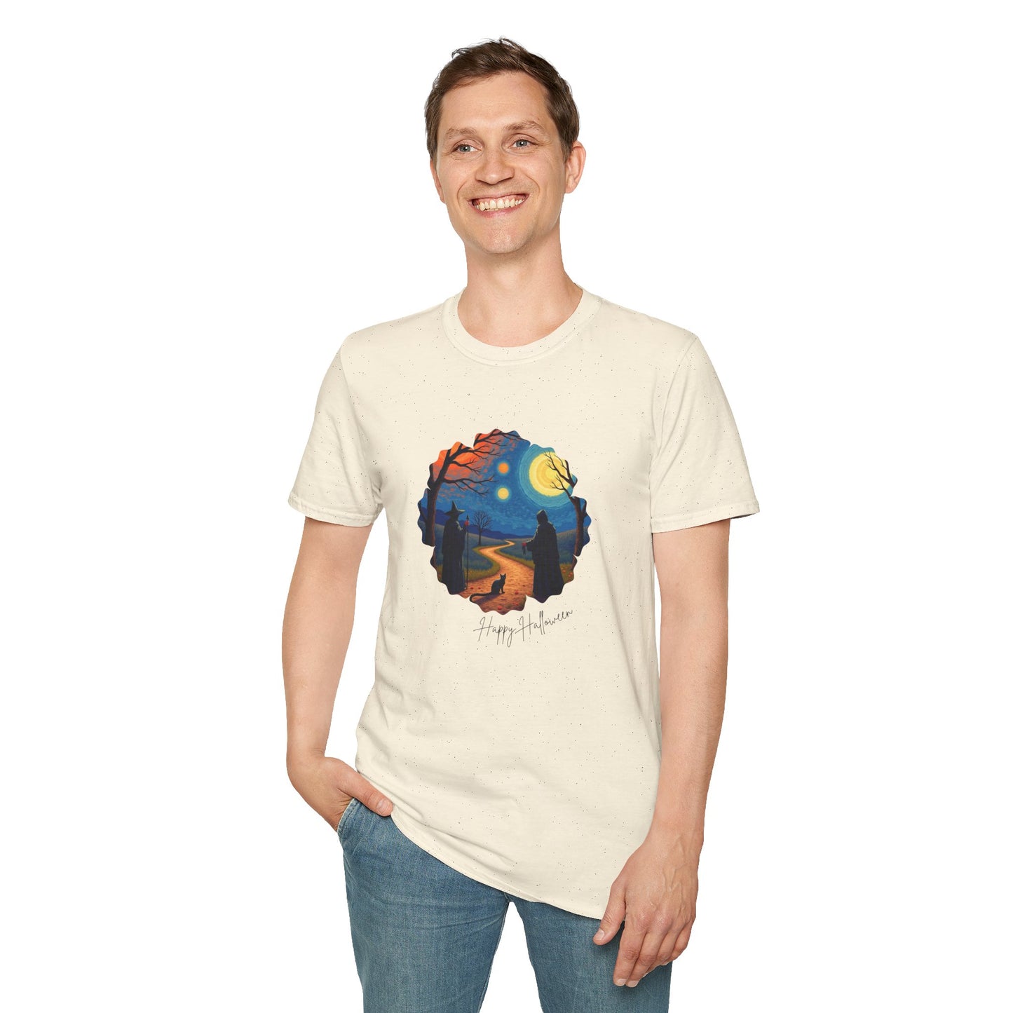 Halloween Scene Moonlit Path Unisex Softstyle T-Shirt, Nature Lover Tee, Hiking Apparel, Gift for Outdoor Enthusiasts, Cozy Everyday Wear